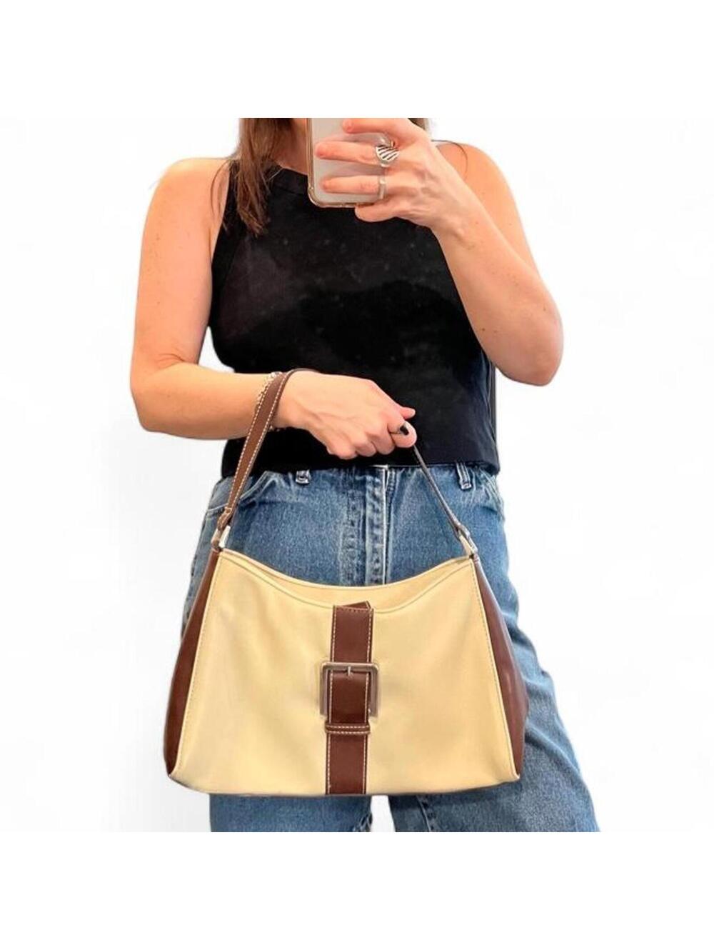 Vintage Y2K Buckle Shoulder Bag Cream Brown Faux Leather Baguette Purse